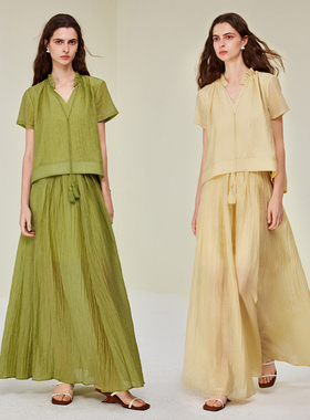 AEL原创法式度假风套装天丝上衣高腰半身裙两件套