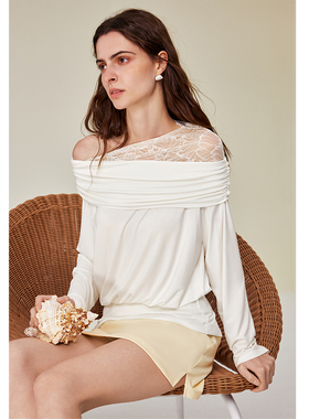 AEL原创蕾丝一字肩设计感T恤女2025新款夏秋季修身显瘦白色上衣