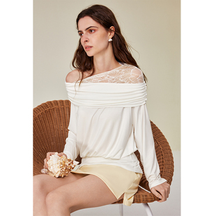 显瘦白色上衣 修身 AEL原创蕾丝一字肩设计感T恤女2025新款 夏秋季