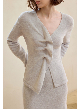 【柒柒】AEL原创修身针织套装裙女2024秋季绵羊毛褶皱收腰V领毛衣