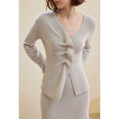 【柒柒】AEL原创修身针织套装裙女2024秋季绵羊毛褶皱收腰V领毛衣