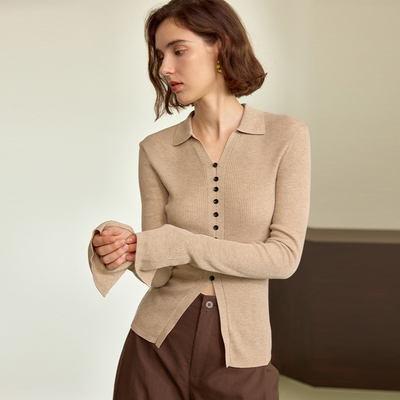 【汤曼妮粉丝专享】AEL原创polo开领天丝羊毛针织衫修身长袖开衫