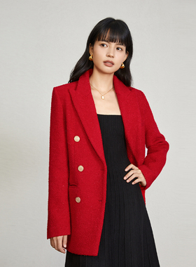 AEL新年战衣粗花毛呢外套女秋冬2025年新款年会红色西装外套