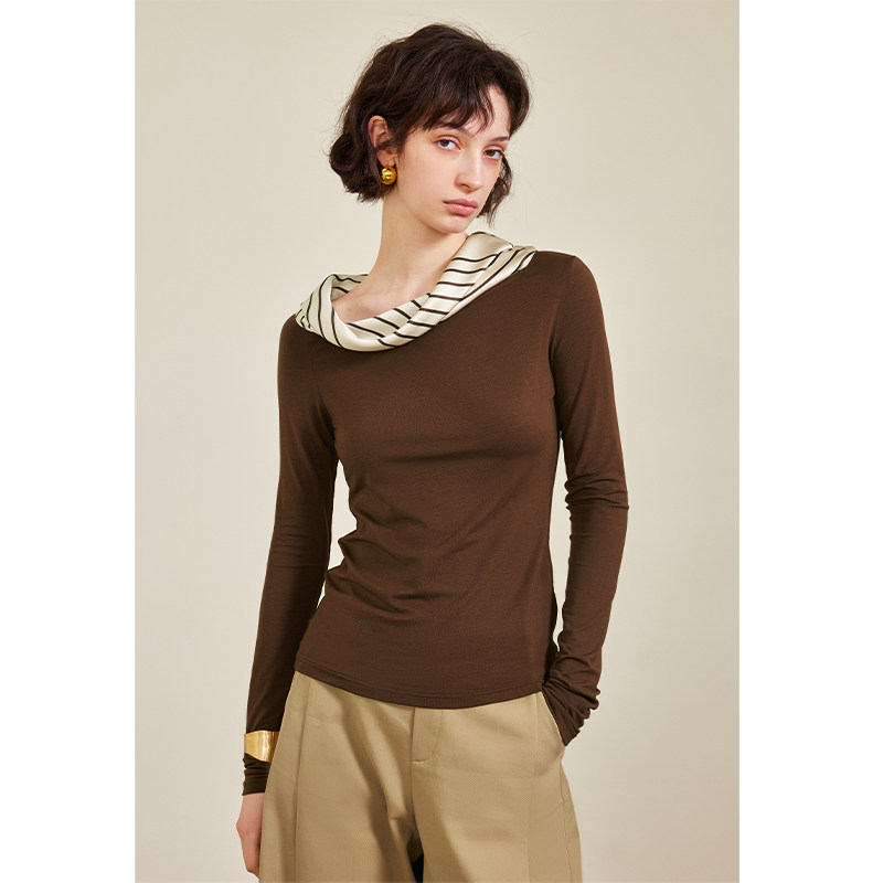 拼接领子设计莫代尔咖色T恤女