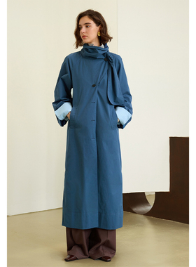 多件多折AEL原创蓝色半高领风衣外套女春季2025宽松显瘦廓形大衣