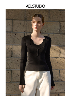 【五百推荐】AEL原创花瓣领天丝羊毛针织衫女2025长袖T恤打底衫