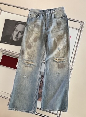 小众设计 23秋季 jisoo智秀同款 复古做旧泥染破洞显瘦直筒牛仔裤