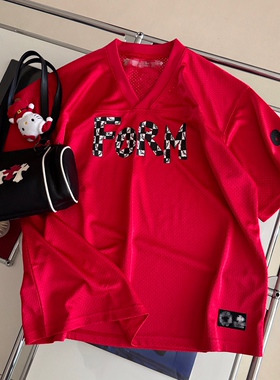 小众设计 24夏季 美式复古博主同款 梵文字母印花网眼宽松短袖T恤