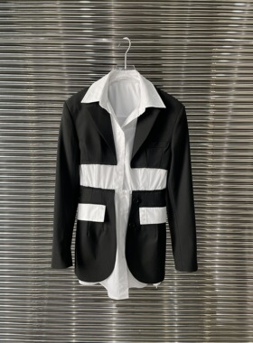 小众设计 24春季款 酷girl时尚 黑白撞色衬衫拼接假两件西装外套