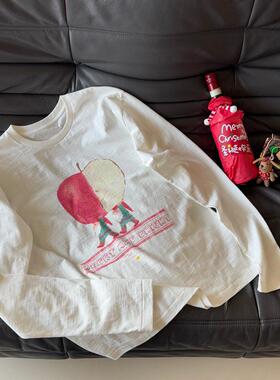 小众设计 25春夏 俏皮青春 圣诞老人字母印花竹节棉宽松长袖T恤女