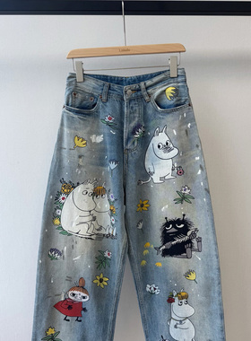 小众设计 25夏 童趣青春时髦感 联名河马手绘涂鸦宽松直筒牛仔裤