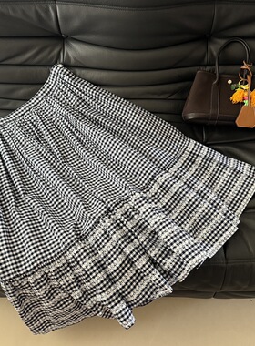 小众设计 24夏季 法式文艺清冷感 碎花刺绣镶边小格子大裙摆半裙