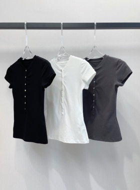 小众设计 2024夏季 经典简约百搭 弹力修身收腰显瘦半纽扣短袖T恤