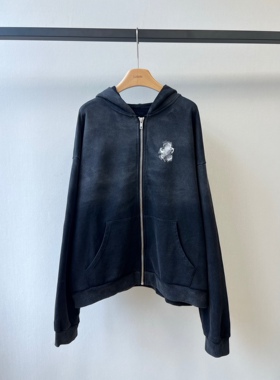 小众设计 25秋 美式复古 后背梵文国旗印花宽松连帽卫衣 男女同款