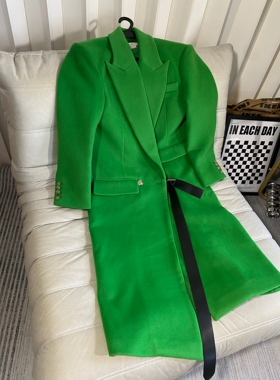 小众设计 23冬季 时尚气场女王侧面腰带扣不规则开叉长款羊毛大衣