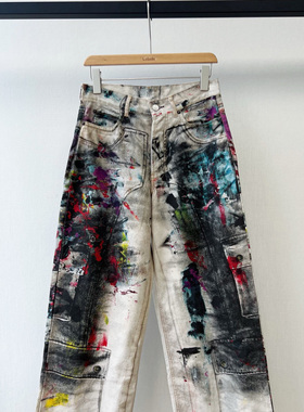 小众设计 25夏 潮流青春3D打印彩色泼墨涂鸦做旧脏脏直筒牛仔长裤