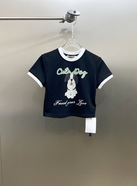 小众设计 23夏 可甜可盐辣妹气球小狗字母印花 撞色边短款短袖T恤