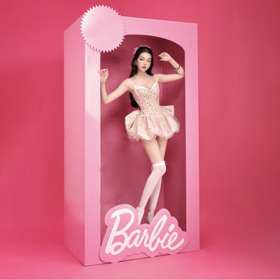 芭比甜美高腰蝴蝶结蓬蓬连衣裙