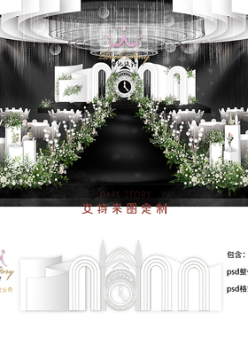 白绿色婚礼设计效果图 结婚背景墙婚庆舞台喷绘KT板PSD模板素材