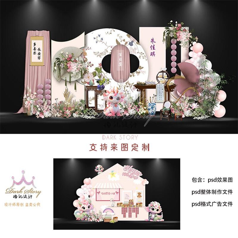 粉色系温馨女孩周岁生日宴宝宝宴布置素材高清PSD含制作稿