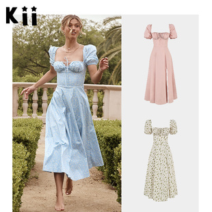 Kii美国正品House of CB印花开叉泡泡袖中长裙鱼骨收腰连衣裙