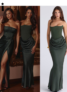 Kii美国正品House of CB礼服25ss年会绿色抹胸鱼骨束腰超长连衣裙