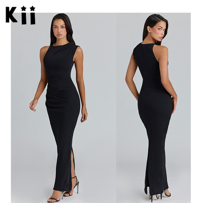 Kii美国正品在途Houseof CB黑色不对称领垂坠开叉超长连衣裙Keoni