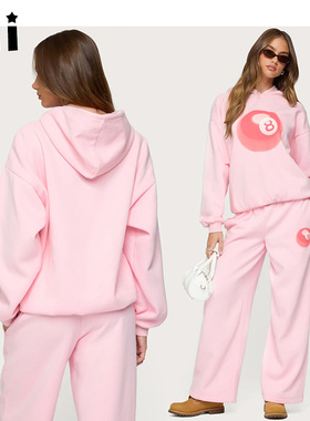 Kii现货美国正品Edikted运动休闲粉红色8字台球印花连帽卫衣长裤