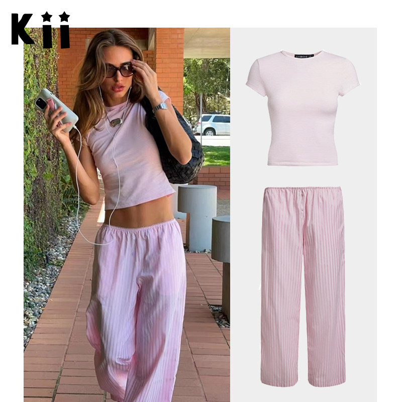 Kii澳大利亚正品Lioness女粉色条纹短袖T恤低腰直筒休闲长裤套装,女装/女士精品,时尚套装,淘宝优惠券,粉丝福利购,淘宝优惠卷