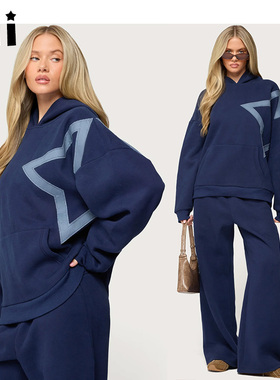 Kii部分现货Edikted 秋冬深蓝色卫衣大星形贴片超大连帽衫Starly