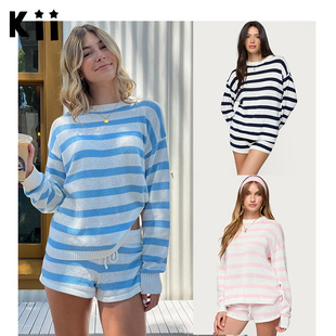 Kii部分现货美国Edikted休闲25ss条纹圆领长袖针织套头衫短裤套装
