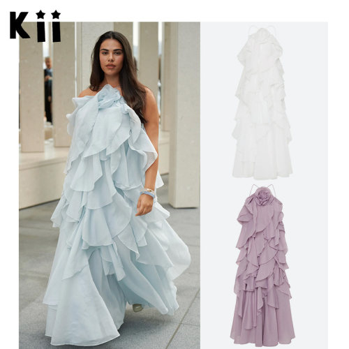 Kii正品Aje仙气立体花朵荷叶边优雅绑带露背公主裙礼服连衣裙