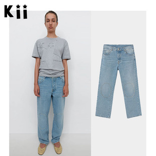 Kii欧洲正品Gimaguas 设计师品牌女士直筒铆钉饰牛仔长裤Luna