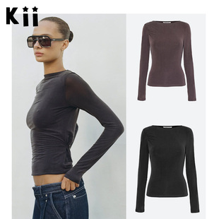 Kii正品现货Peachy den长袖T恤纽扣收腰圆领修身上衣打底衣秋衣女