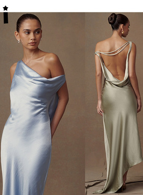 Kii正品现货澳洲Meshki 缎面肩斜领露背中长款连衣裙礼服Yvette