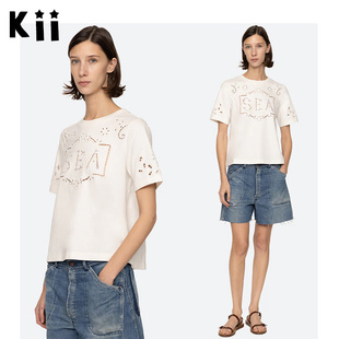 Kii美国正品代购Sea New York Marie镂空刺绣logo短袖T恤牛仔短裤