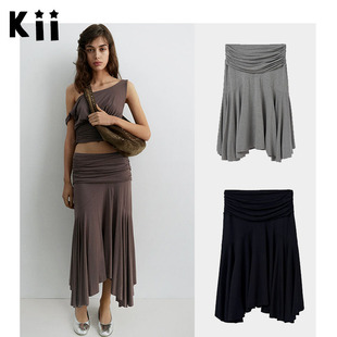 Kii西班牙在途Gimaguas女士褶皱低腰不对称中长半身裙Fortuna