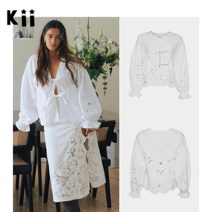 Kii在途Sissel Edelbo复古刺绣宽松绑带衬衫心形口袋上衣Maibritt