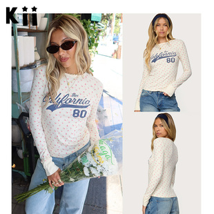 Kii美国现货Edikted美式修身春秋长袖花卉印花罗纹长袖T恤上衣女