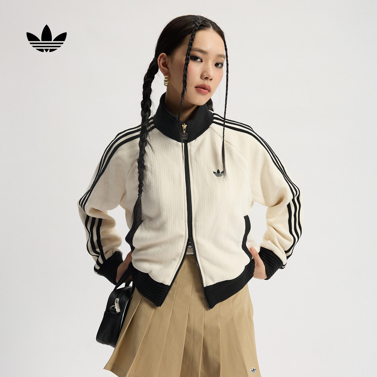 余依婷同款休闲复古撞色运动拉链针织外套女adidas阿迪达斯三叶草