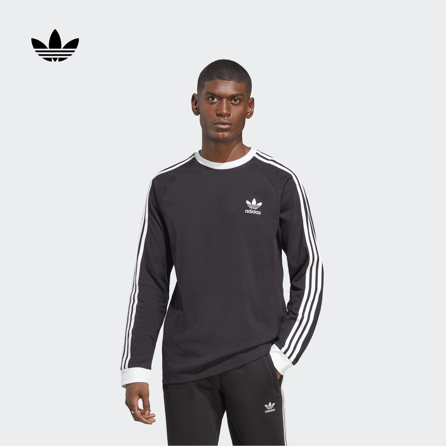 李现同款复古穿搭修身纯棉长袖T恤男装春季adidas阿迪达斯三叶草