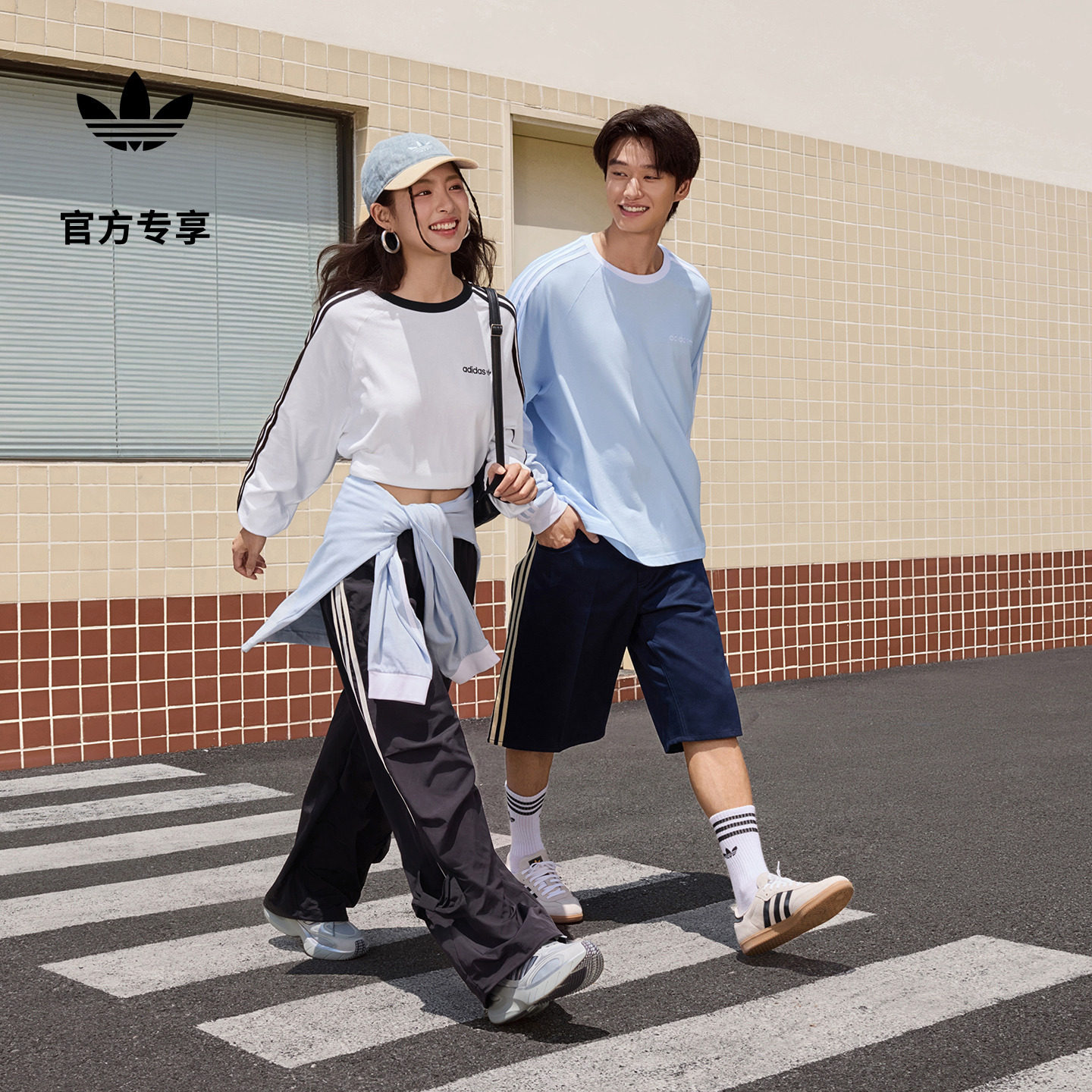 三条纹宽松圆领运动长袖T恤上衣男女秋季adidas阿迪达斯三叶草