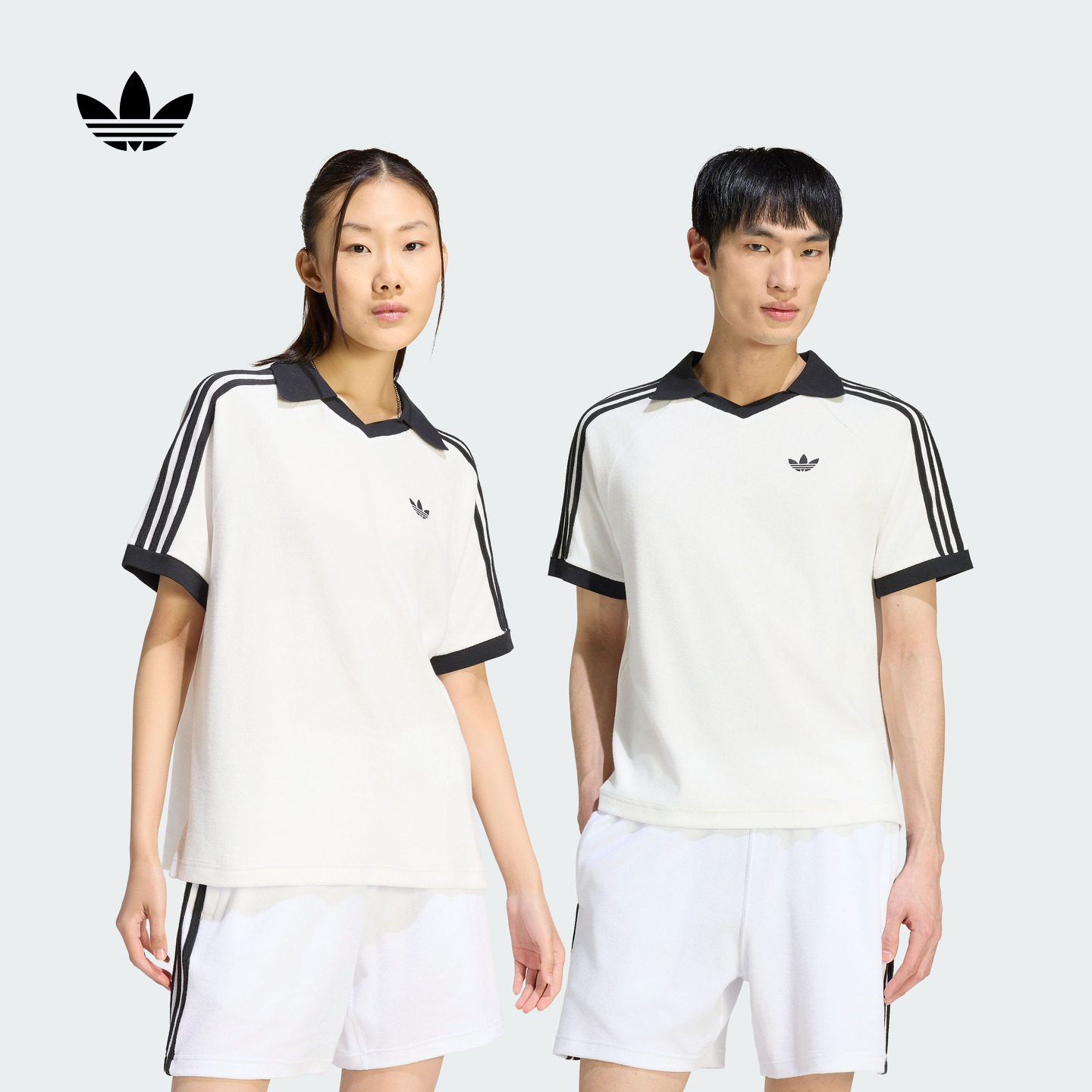 撞色三条纹休闲风V领运动短袖POLO衫男女adidas阿迪达斯三叶草