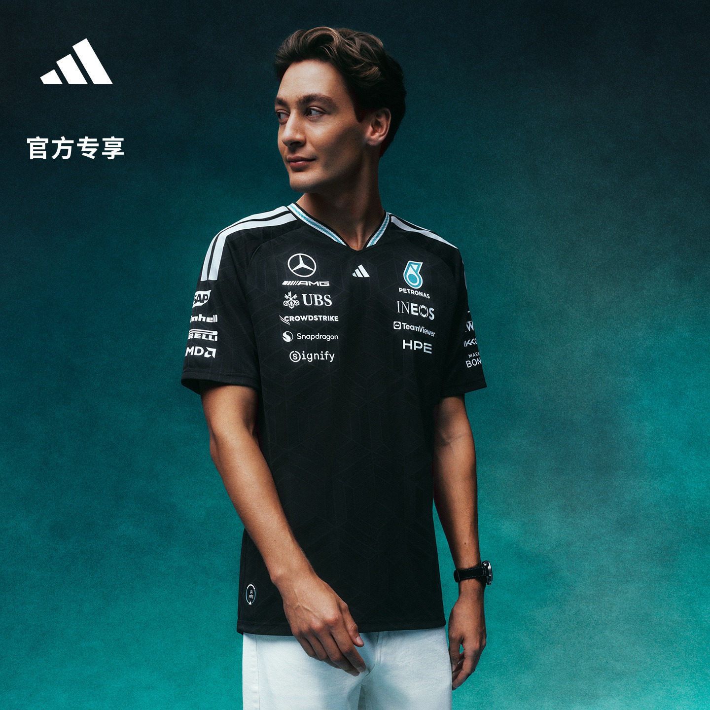 梅赛德斯AMG马石油F1车队速干修身运动短袖T恤男装adidas阿迪达斯