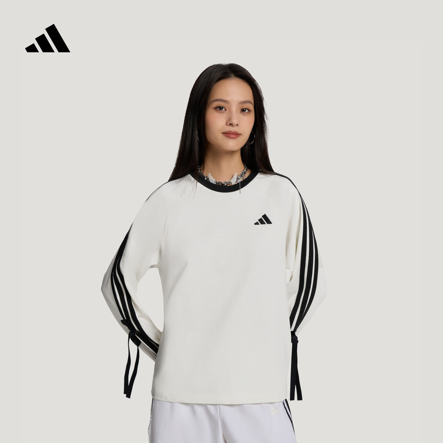 三条纹舞动系列蝴蝶结纯棉休闲运动长袖T恤女秋季adidas阿迪达斯