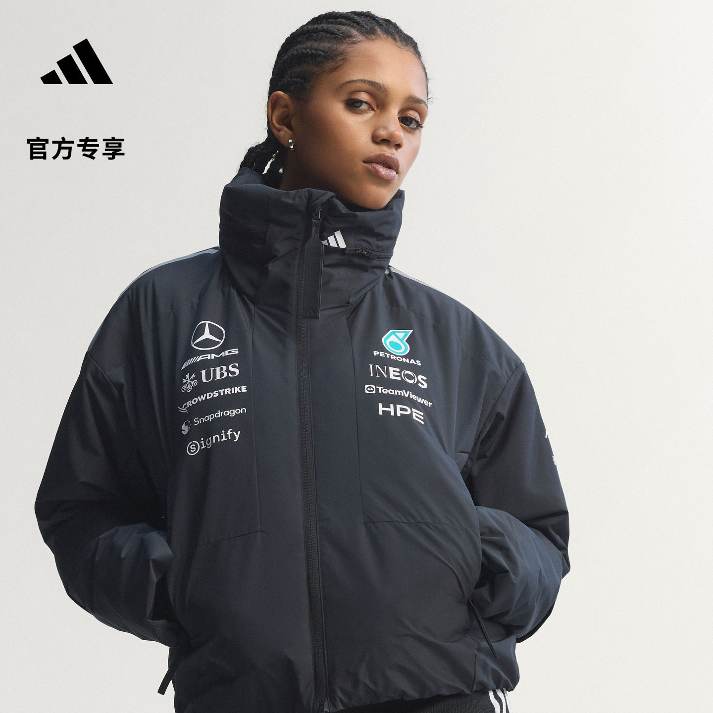 梅赛德斯AMG马石油F1车队保暖连帽高领棉服女秋冬adidas阿迪达斯