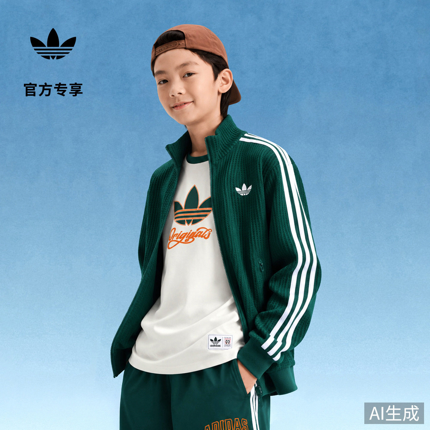 男女小童三条纹宽松舒适华夫格运动夹克外套adidas阿迪达斯三叶草