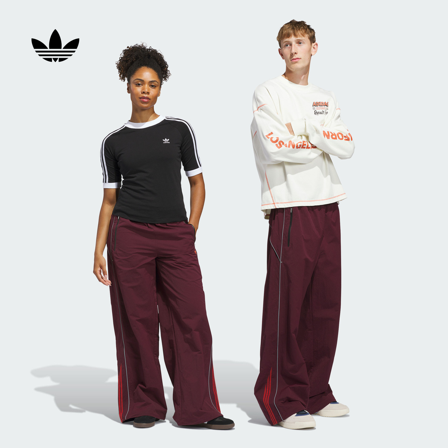 阿迪达斯三叶草男女阔腿运动裤