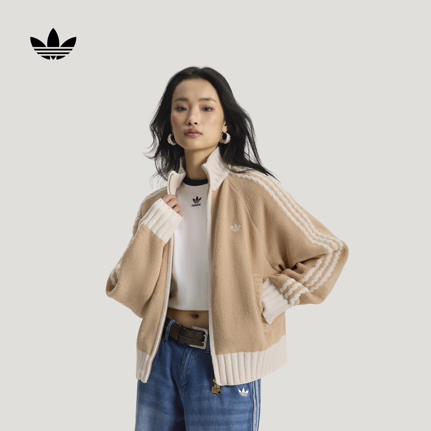 欧阳娜娜同款慵懒针织宽松夹克外套女装春季adidas阿迪达斯三叶草