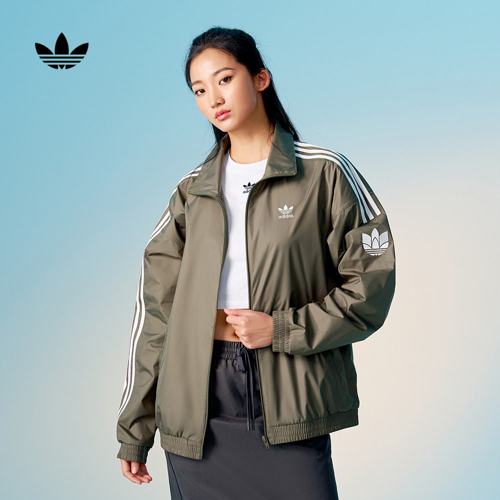 情侣款复古风梭织运动立领夹克外套男女春季adidas阿迪达斯三叶草
